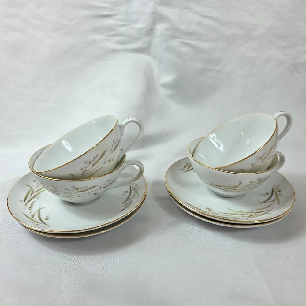 FOUR Fine China of Japan Golden Harvest Cup & Saucer Sets Gold Wheat Sprays